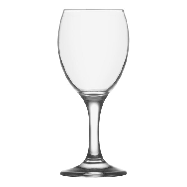 A close-up of a clear RAK Youngstown Firnley Metro dessert wine glass with a stem.