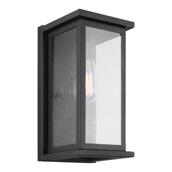 A black Canarm outdoor wall light fixture with clear glass.