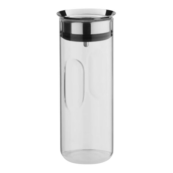A clear glass carafe with a silver top.