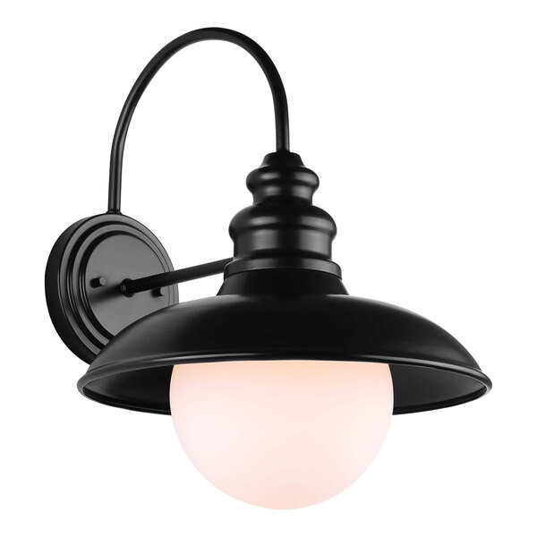 A black Canarm outdoor wall light with a round white globe.
