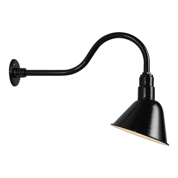 A black Canarm outdoor sign light with a curved arm and a white shade.