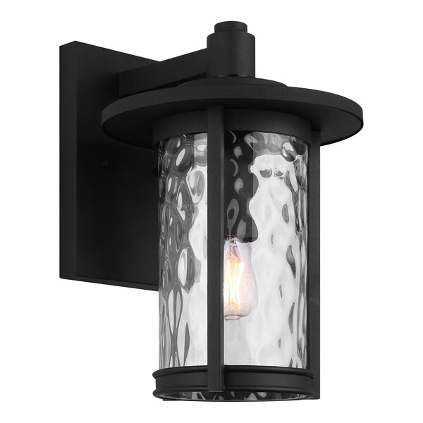 A black outdoor wall light with a clear glass shade.