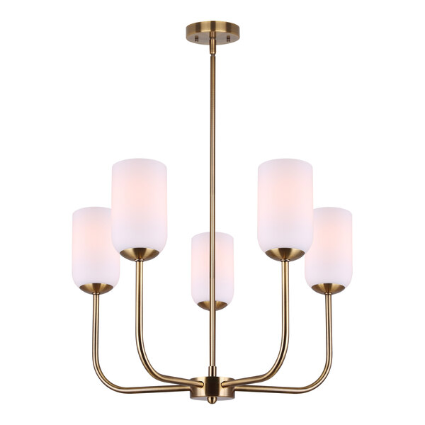 A Canarm brass chandelier with white glass shades over a dining area in a restaurant.