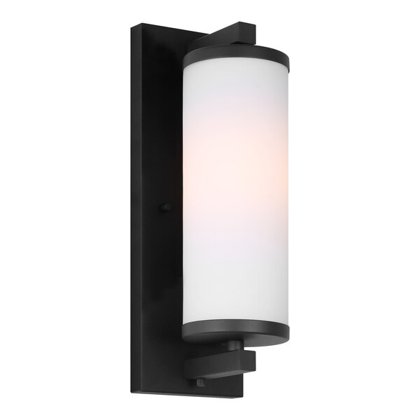 A black outdoor wall light with a white shade.