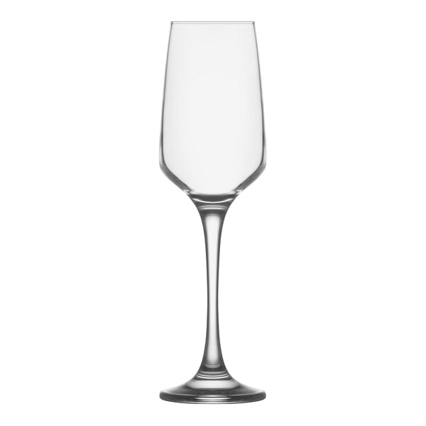 A case of 24 clear RAK Youngstown flute wine glasses with long stems.
