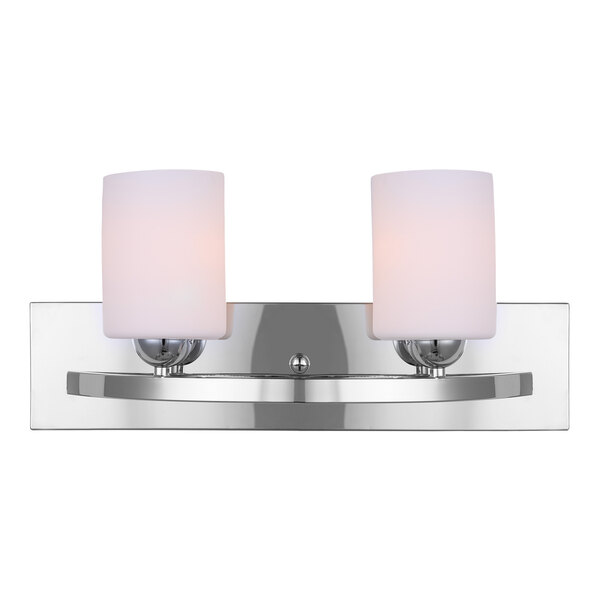 A Canarm Hampton chrome vanity light with two white glass shades.