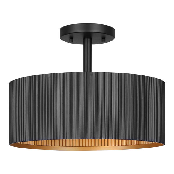 A black ceiling semi-flush light with a black and orange lamp shade.