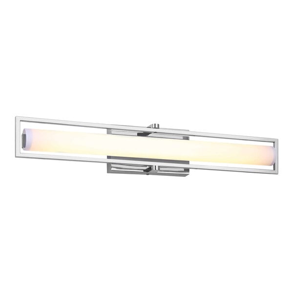 A Canarm Jori chrome LED vanity light with a rectangular frame and white glass shades.