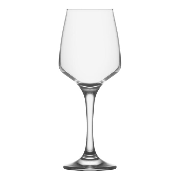 A close-up of a clear RAK Youngstown white wine glass with a long stem.