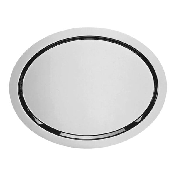 A white oval stainless steel serving tray with a black rim.