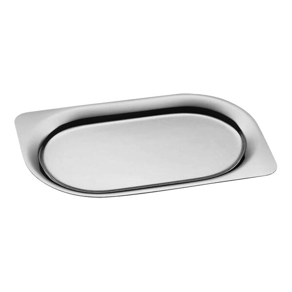 A WMF stainless steel serving tray with a black rim.