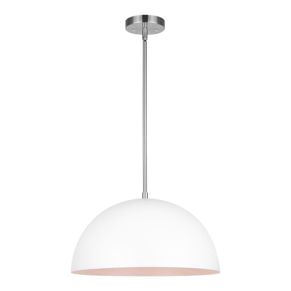 A white and silver pendant light with a white and brown lamp inside.