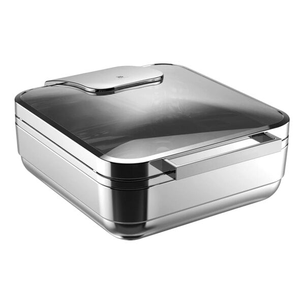 A silver rectangular stainless steel chafing dish with a lid.