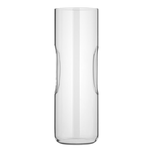 A clear glass carafe with a curved edge.