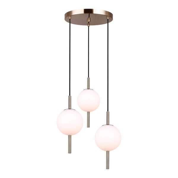 A Canarm brass pendant light with three round white opal glass shades.