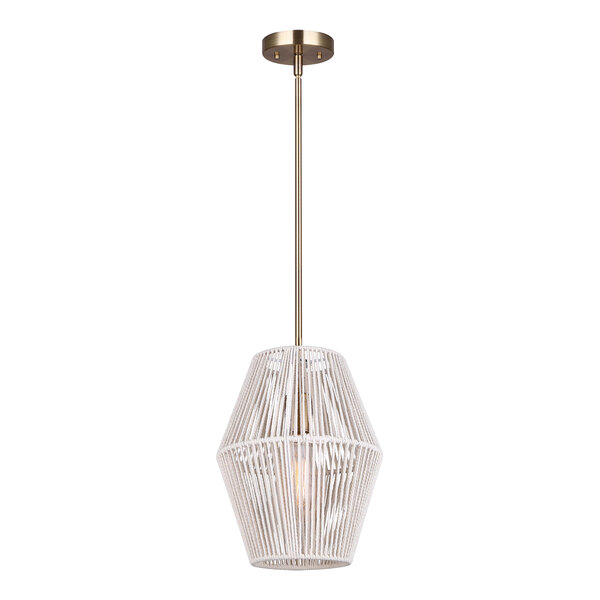 A gold pendant light with a white string shade on a metal pole above a restaurant table.