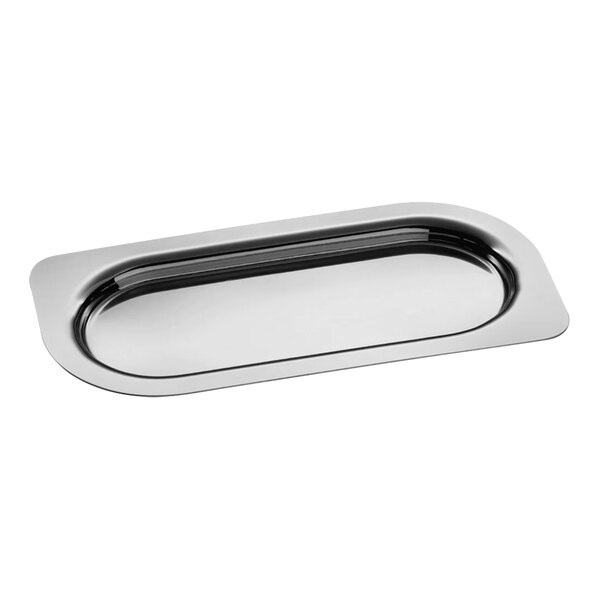 A WMF stainless steel rectangular serving tray with curved edges.