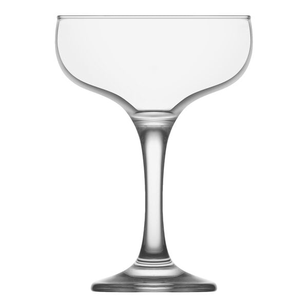 A clear wine glass with a stem.