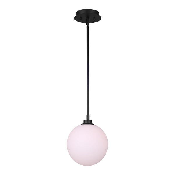 A black pendant light with a round white opal glass globe hanging from a black pole.