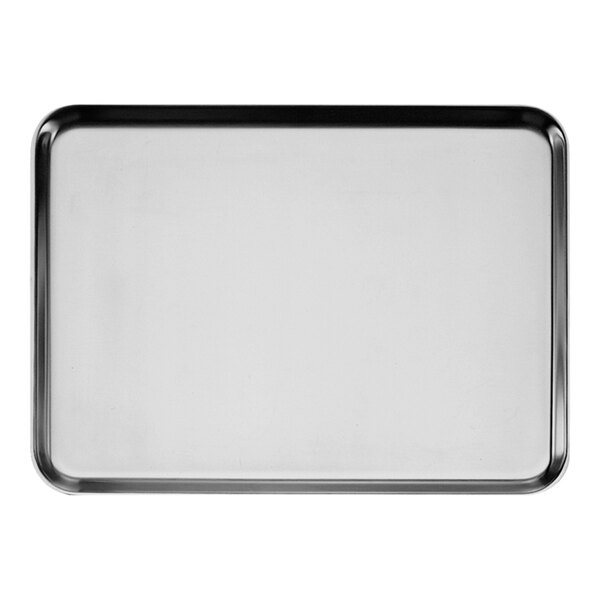 A rectangular metal tray with a black rim.