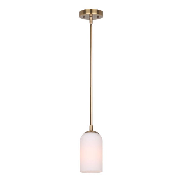 A Canarm Novalee gold pendant light with a white glass shade hanging from a metal pole.