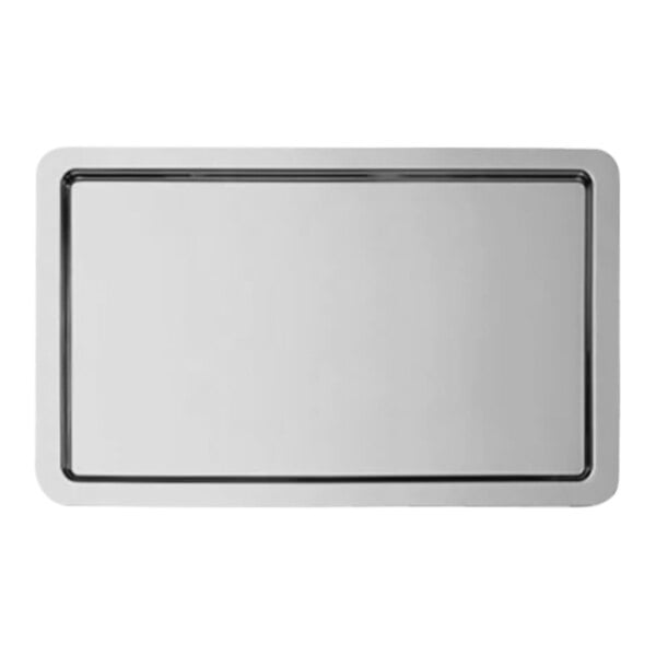 A white rectangular stainless steel serving tray with a black border.