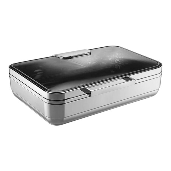 A silver rectangular stainless steel chafing dish with a glass lid.