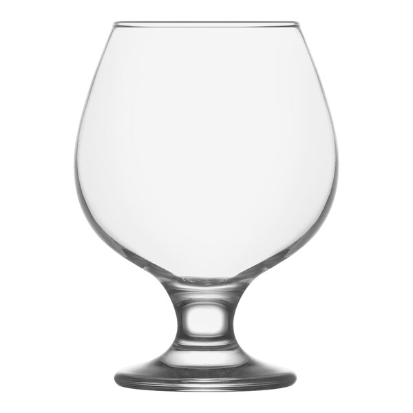A clear RAK Youngstown Rayen brandy glass with a foot.
