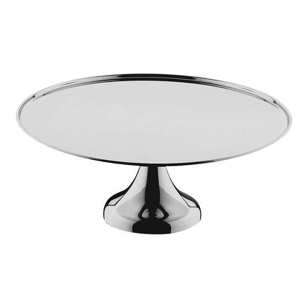 A silver WMF by BauscherHepp stainless steel cake stand with a round surface on a pedestal.