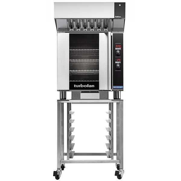 A Moffat Turbofan convection oven with a stainless steel stand on wheels.