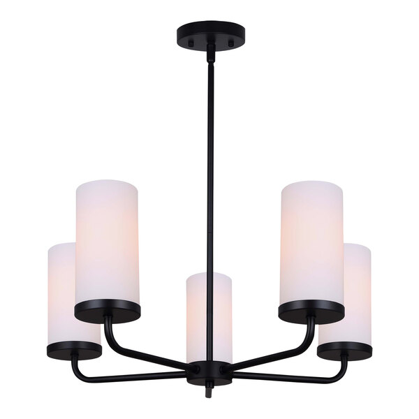 A Canarm Malloy matte black chandelier with flat white glass shades.
