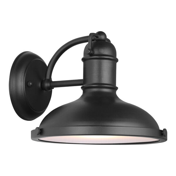 A black outdoor wall light with an oval white shade.