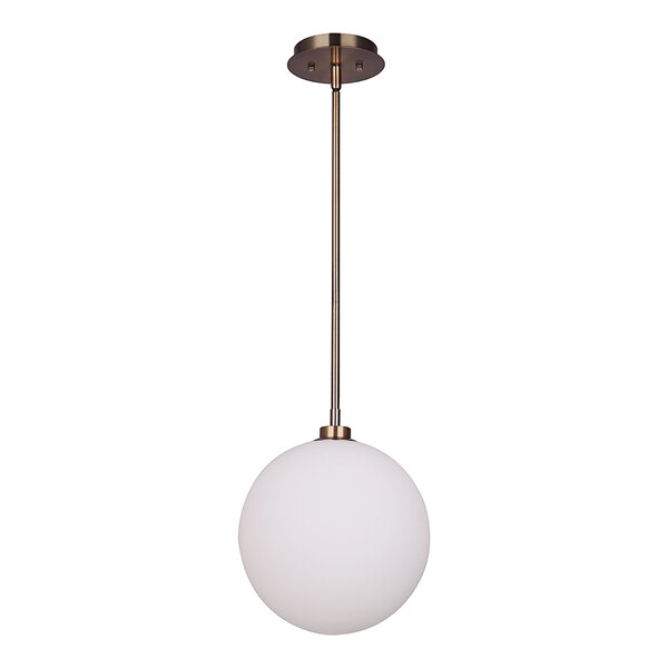 A gold metal light fixture with a white globe hanging from it.