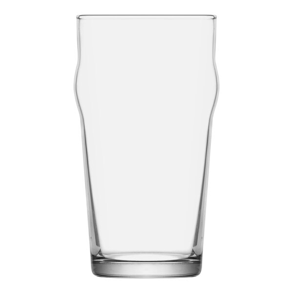 A RAK Youngstown Auburndale stackable nonic beer glass with a curved neck on a white background.