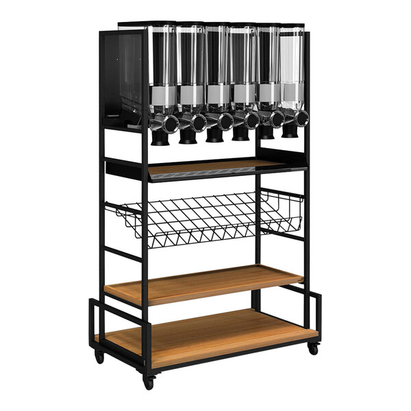 A black metal rack with bamboo and wire shelves and several dispensers on it.