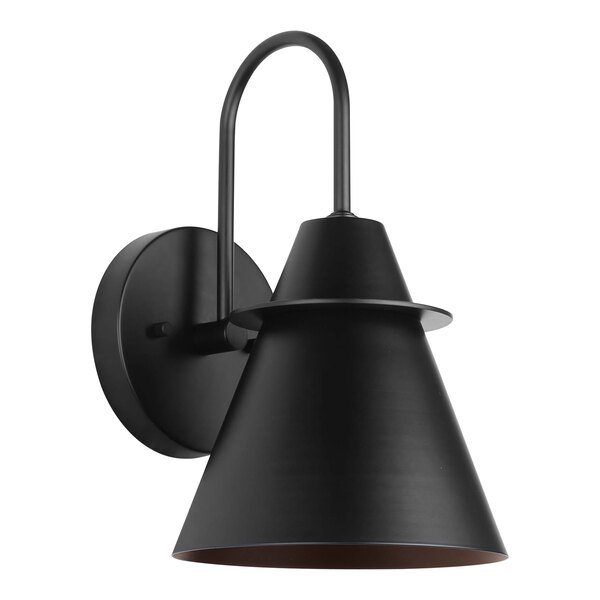 A Canarm Marloe matte black outdoor wall light with a curved metal pole and metal shade.