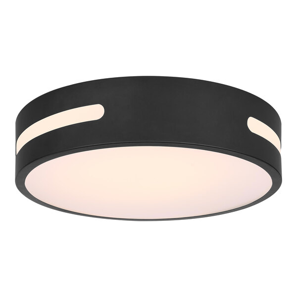 A black Canarm Niven flush mount LED light fixture with white light shining from it.