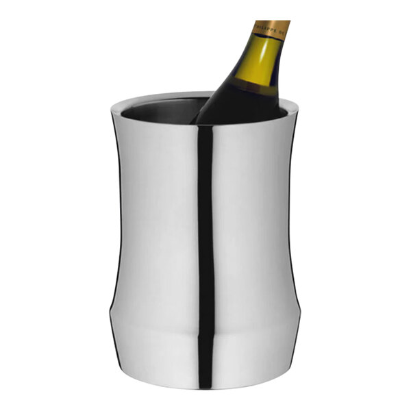 A WMF stainless steel wine cooler holding a bottle of wine.
