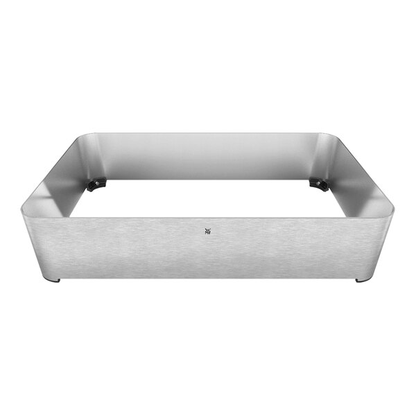A rectangular stainless steel buffet frame with a handle on a counter.