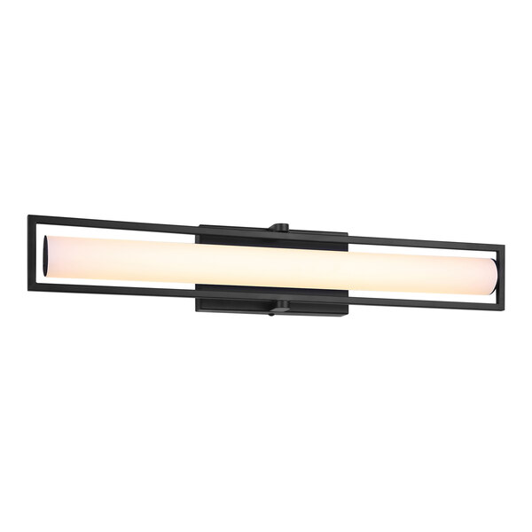 A Canarm Jori matte black LED vanity light with a rectangular white glass shade.