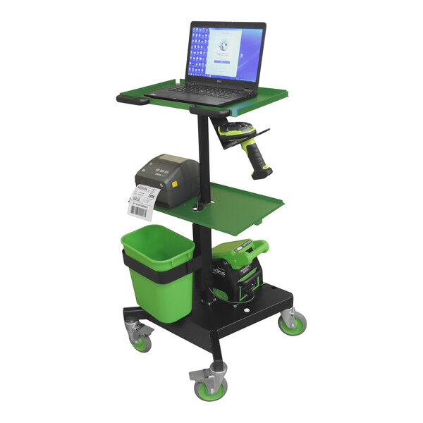 Newcastle Systems LT102NU2M LT Series 20 1/2" x 20 1/2" x 42" Black / Green 2-Shelf Powered Mobile Industrial Laptop Work Station with 2 Rechargeable LiFePO4 Batteries, Charging Station, Power Strip, and Waste Basket - 20 Ah
