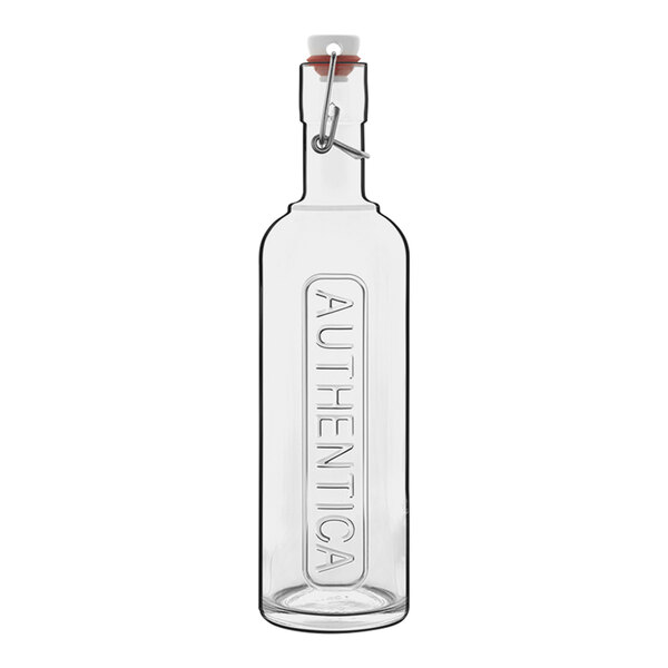 A Luigi Bormioli Optima Authentica clear glass bottle with a wire bail lid and logo.