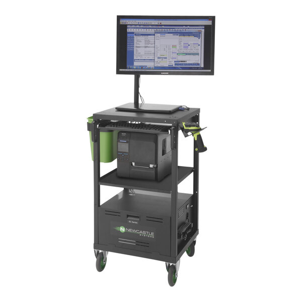 A black Newcastle Systems EcoCart with a computer and printer on it.