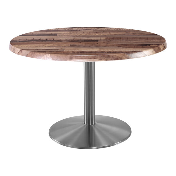 A Holland Bar Stool EnduroTop round wooden table with a stainless steel base.