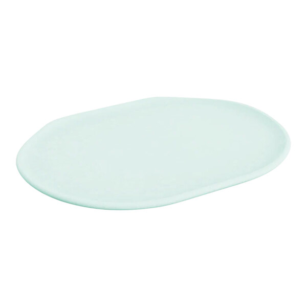 A white oval platter with an aqua crackle finish.