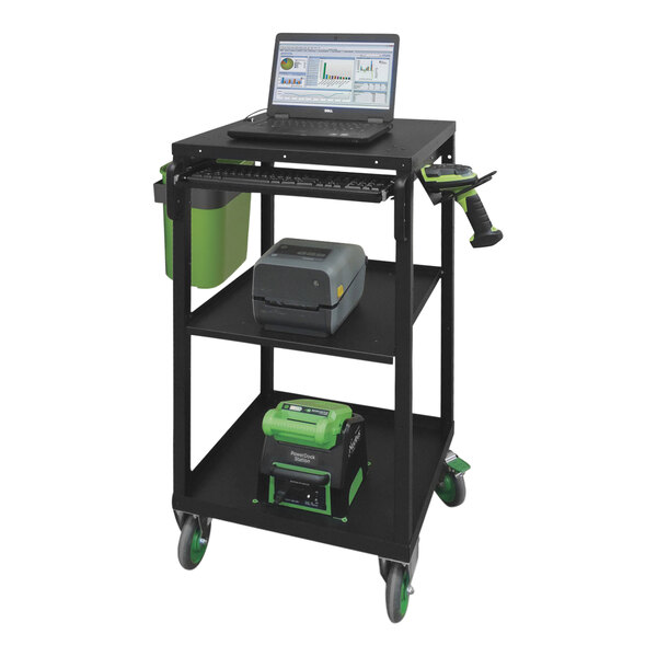 Newcastle Systems EC102NU2M EcoCart 20" x 21 3/4" x 43" Black Compact Powered Mobile Work Station with 2 Rechargeable LiFePO4 Batteries, Charging Station, Power Strip, Cord Holder, and Waste Basket - 20 Ah
