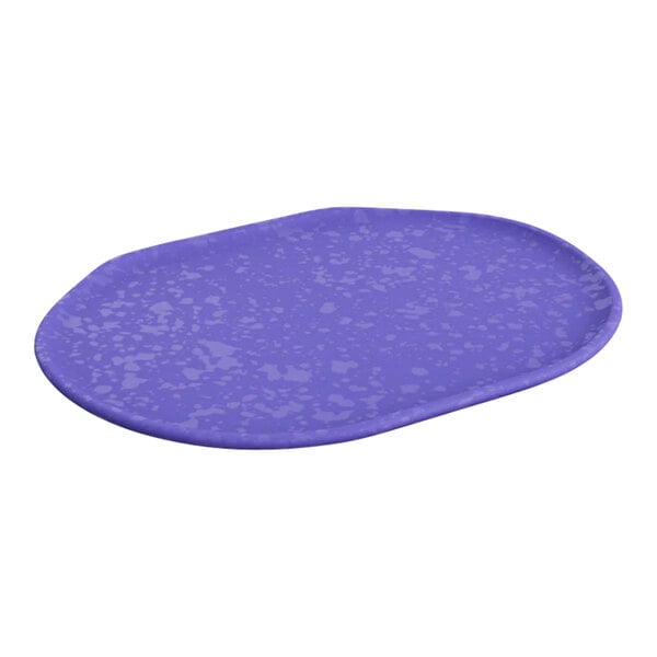 A blue melamine tray with a speckled surface.