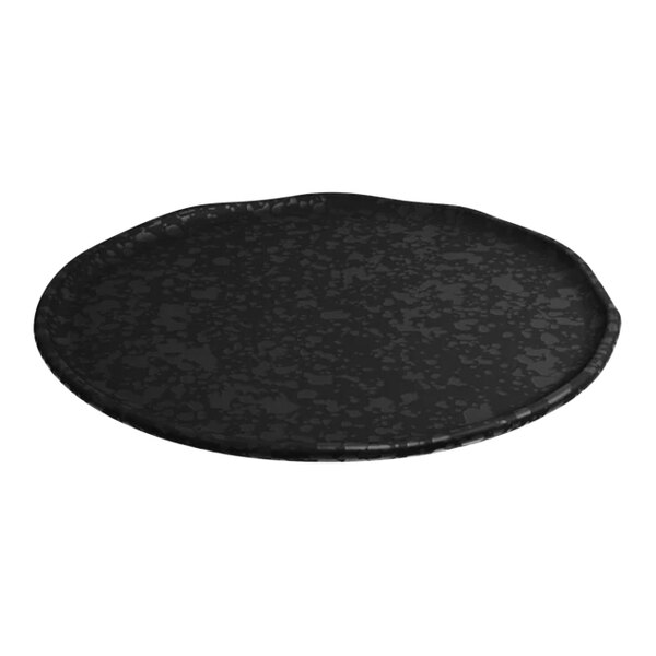 A Dalebrook black melamine plate with a black crackle design on a white table.