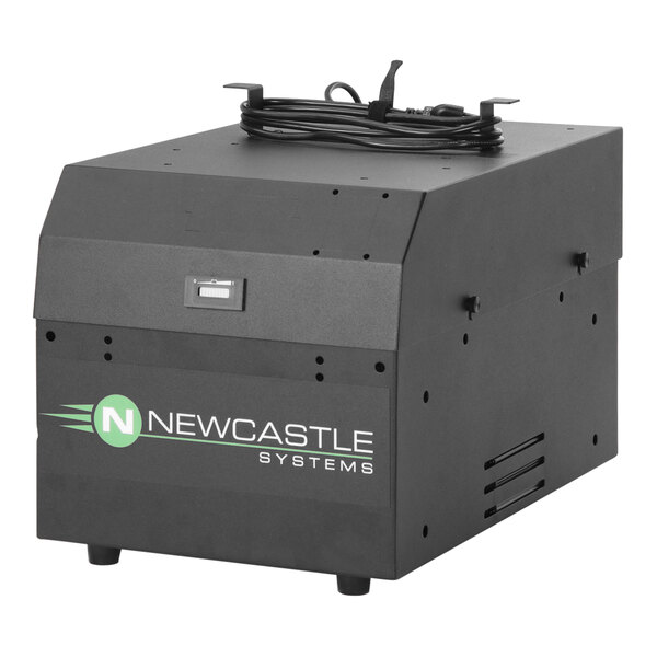 A black Newcastle Systems PowerMaxx portable power system with a black cable on top.