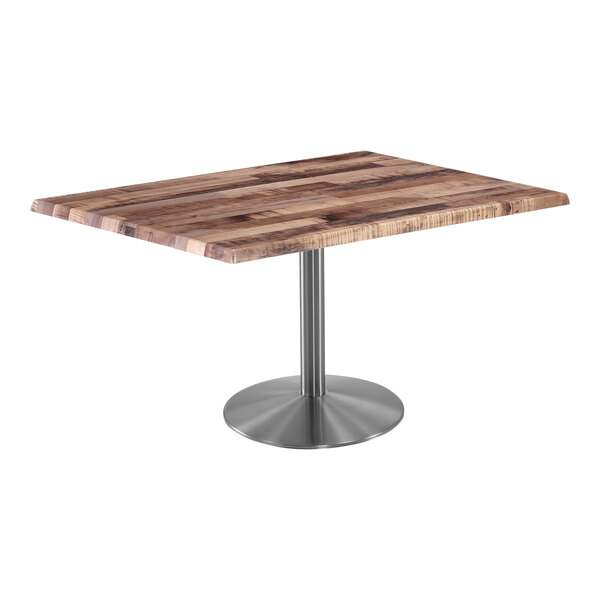 A Holland Bar Stool EnduroTop rectangular wooden table with a stainless steel base.